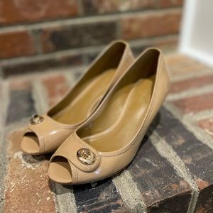 Coach Peep Toe Wedge Nude Patent Leather